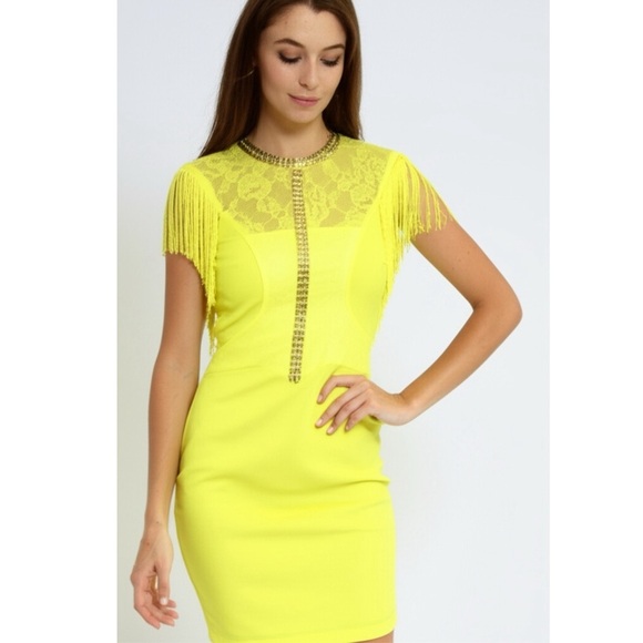 MARKED DOWN The Clothing Co Mini Cocktail Dress Glam Yellow Embellished Fringe - Picture 4 of 9